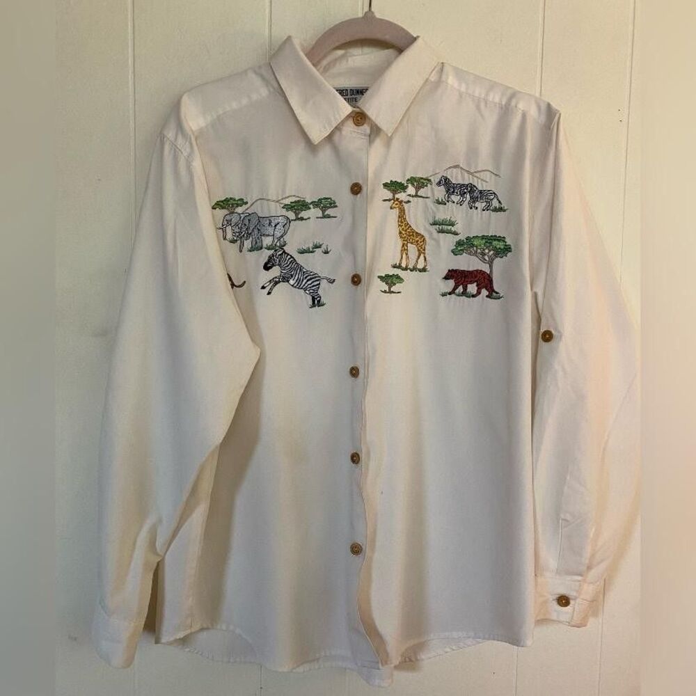 Alfred Dunner Blouse Women's 14P White Embroidered Safari Animal Print Button Up
